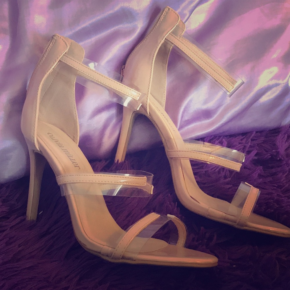 Nude heels with straps around the ankle